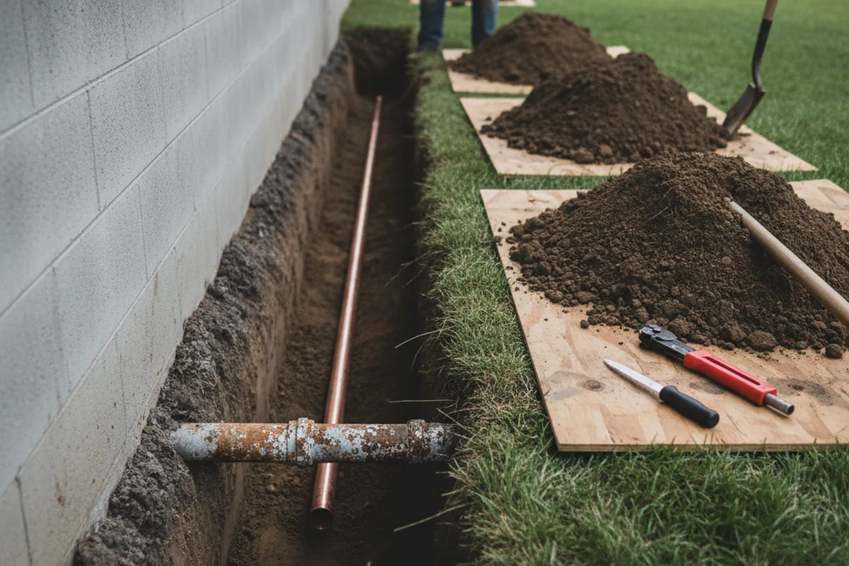Excavated water line trench during Sewer Line Repair in Stanford